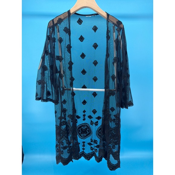 Stellar Sweaters - Stellar Black Mesh Embroidered Kimono Duster Lace Trim Open Front Cover Up